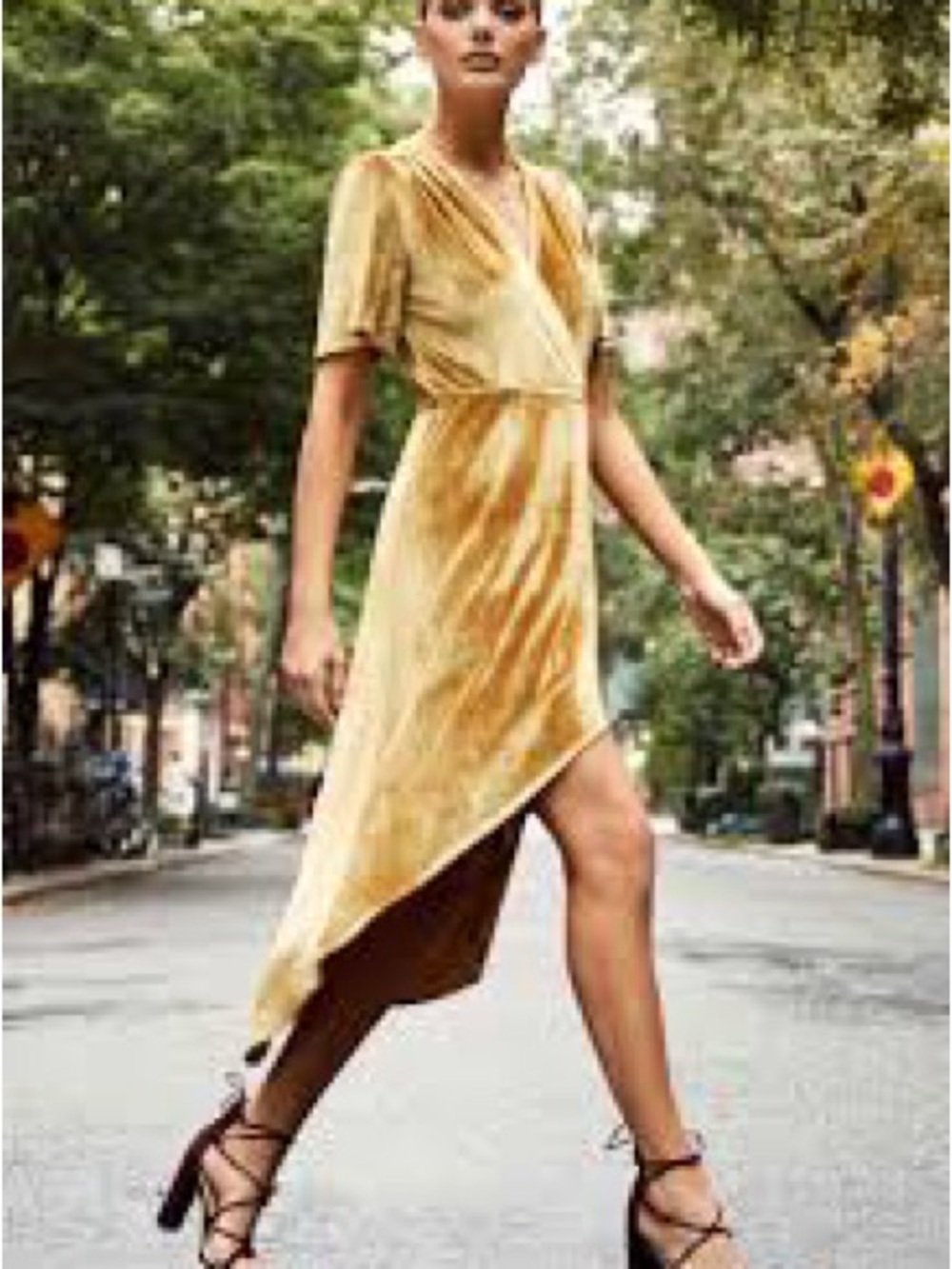 Lulu's Golden Velvet Asymmetrical Wrap Dress